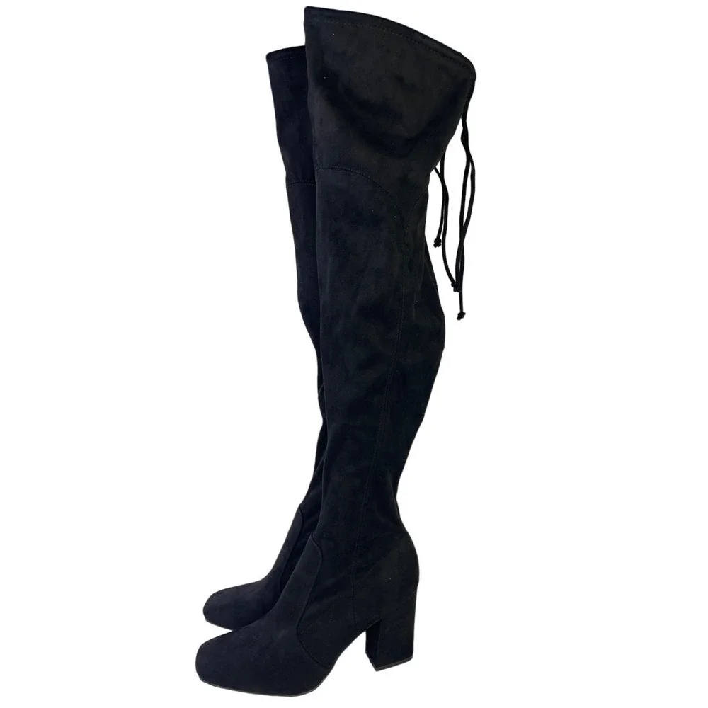 Unisa Women's Quesia Block Heel Over the Knee Boots Black Faux Suede Women's 5.5